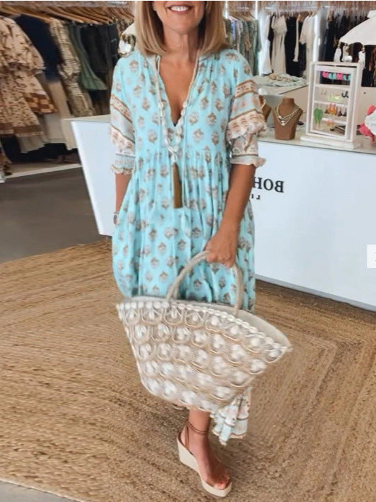 Robe V-neck à Manches Lanternes